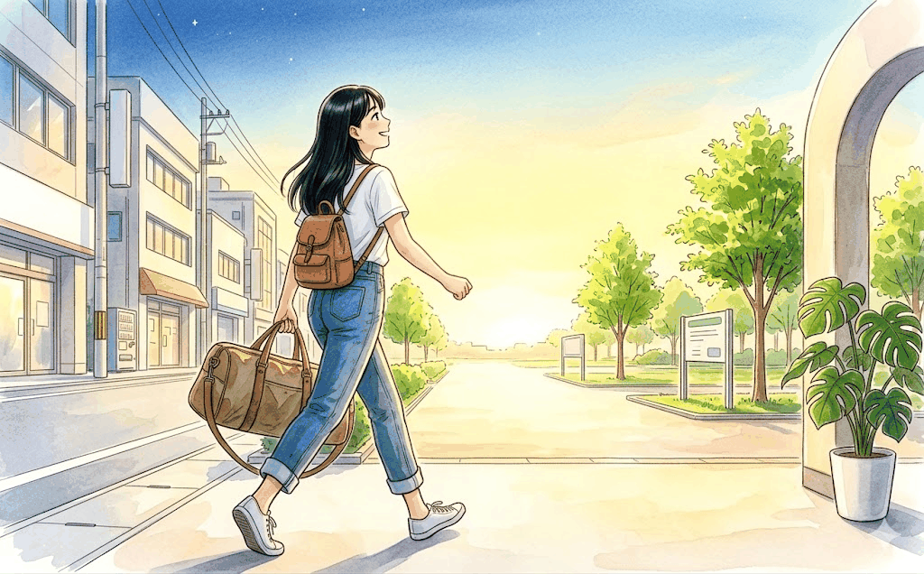 荷物を持って外へ歩き出す後ろ姿